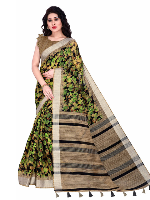 

KALINI Black & Green Floral Printed Zari Saree