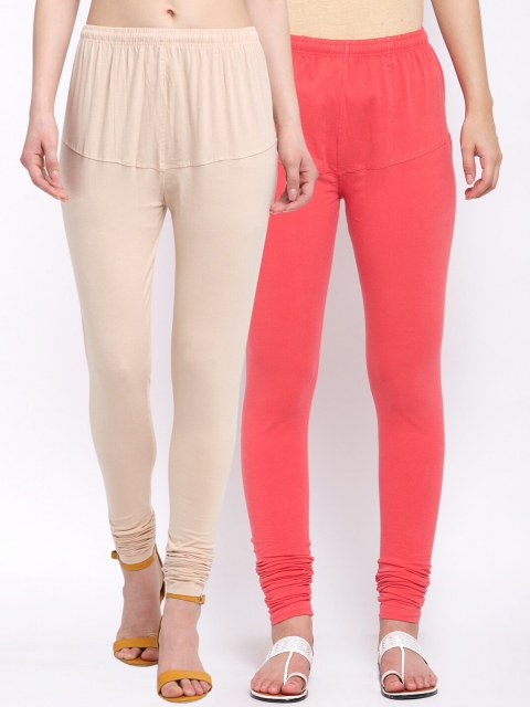 

KLOTTHE Women Pack of 2 Peach & Beige Solid Cotton Churidar-Length Leggings