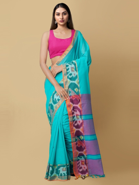 

Unnati Silks Women Turquoise Blue Cotton Silk Mangalagiri Saree