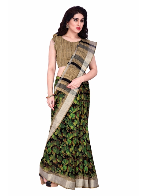 

KALINI Black & Green Floral Printed Zari Saree