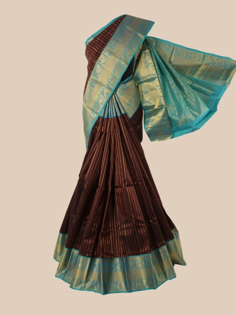 

Pothys Brown & Blue Striped Zari Pure Silk Kanjeevaram Saree