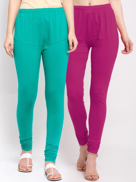 

KLOTTHE Women Pack of 2 Solid Cotton Churidar-Length Leggings, Magenta