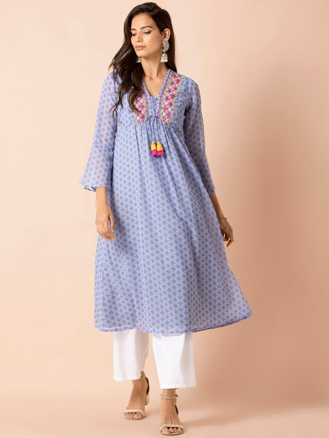 

INDYA Women Blue Geometric Embroidered Bell Sleeve A-Line Tunic