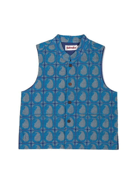 

Fabindia Boys Blue & Beige Paisley Patterned Nehru Jacket