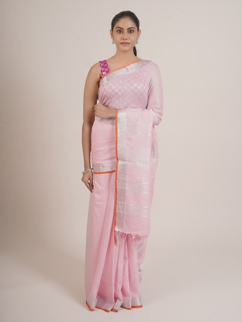 

Pothys Pink & Red Zari Linen Blend Saree
