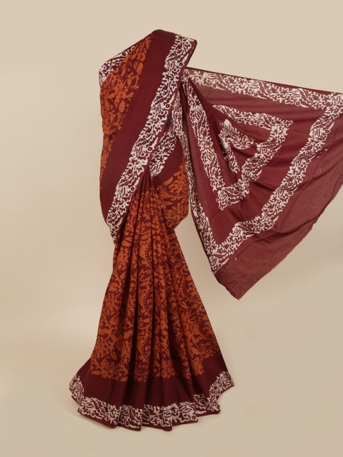 

Pothys Maroon & Rust Orange Ethnic Motifs Hand Print Saree