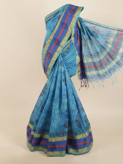 

Pothys Blue Striped & Paisley Hand Print Saree