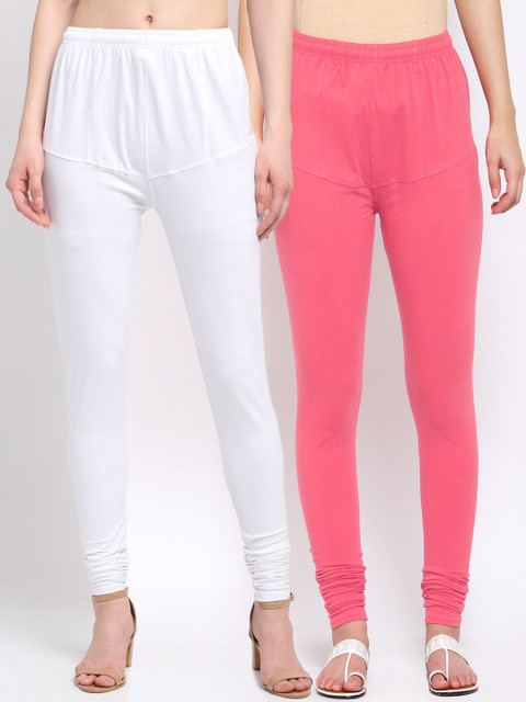 

KLOTTHE Women Pack of 2 Solid Cotton Churidar-Length Leggings, Pink