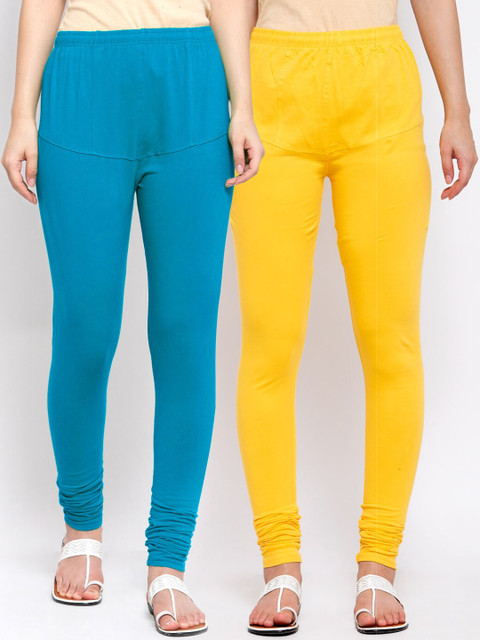

KLOTTHE Women Pack Of 2 Solid Churidar-Length Cotton Leggings, Blue