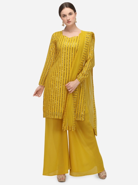 

JATRIQQ Yellow & Gold-Toned Embroidered Semi-Stitched Dress Material