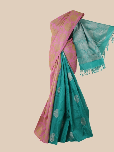 

Pothys Pink & Blue Ethnic Motifs Zari Pure Silk Half and Half Kanjeevaram Saree