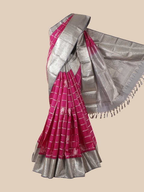 

Pothys Pink & Grey Woven Design Zari Pure Silk Kanjeevaram Saree