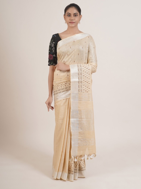 

Pothys Cream-Coloured & Brown Woven Design Linen Blend Saree