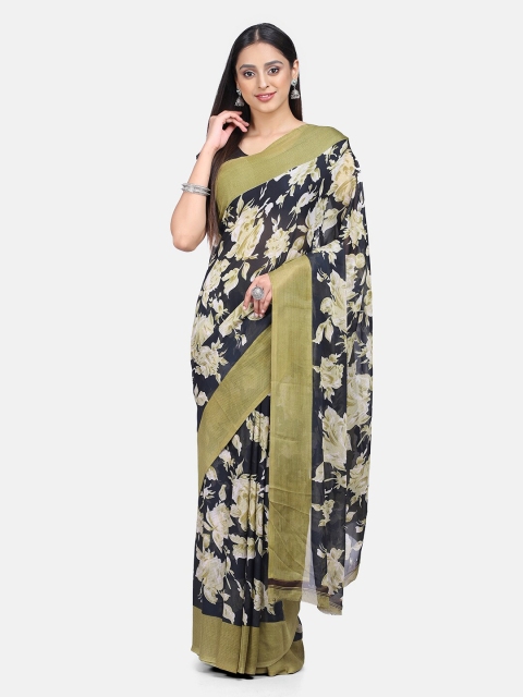 

Mirraw Black & White Floral Pure Georgette Fusion Saree, Blue