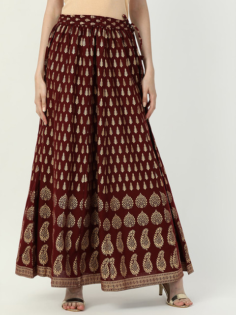 

V2 Value & Variety Women Maroon & Gold-Coloured Printed A-Line Maxi Skirt