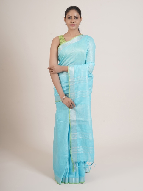 

Pothys Blue & Silver-Toned Zari Linen Blend Saree