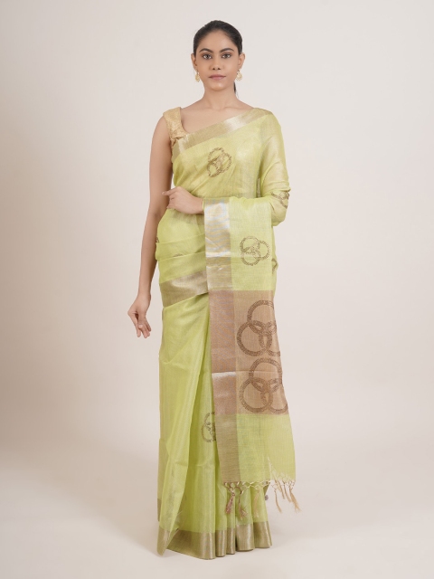 

Pothys Green & Gold-Toned Embellished Beads and Stones Tissue Saree