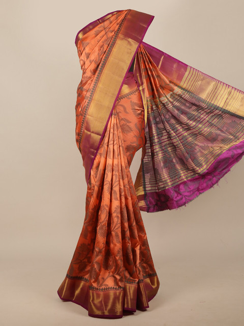 

Pothys Orange & Magenta Floral Jute Silk Saree