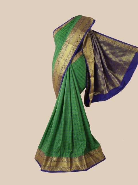 

Pothys Green & Blue Checked Pure Silk Kanjeevaram Saree