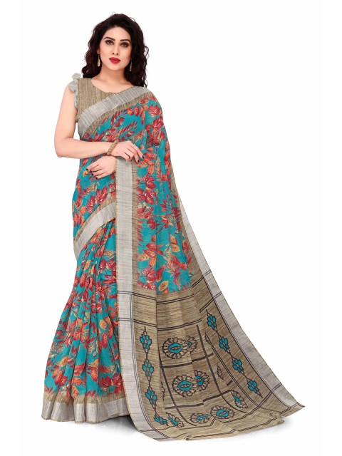 

KALINI Turquoise Blue & Red Floral Bagh Saree