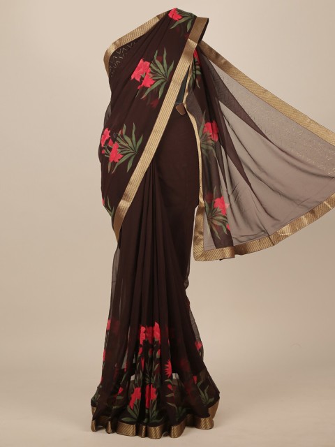 

Pothys Brown & Pink Floral Poly Chiffon Saree