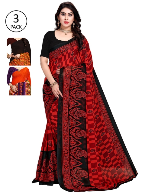 

KALINI Women Pack Of 3 Printed Saree, Red