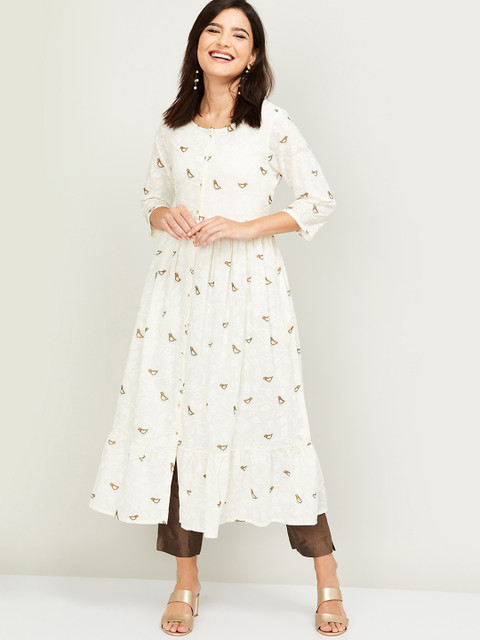 

Melange by Lifestyle Women Off White & Brown Cotton Quirky Printed Kurta