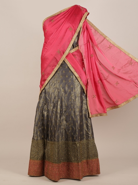 

Pothys Pink & Grey Embellished Beads and Stones Heavy Work Half Lehenga Saree