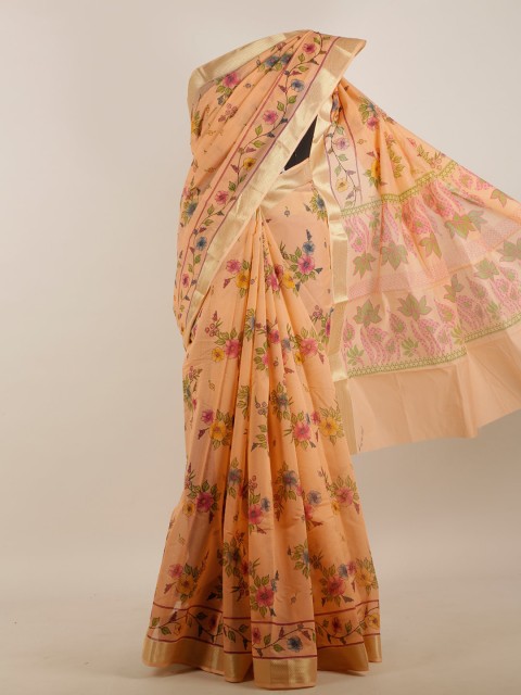 

Pothys Peach-Coloured & Green Floral Printed Saree