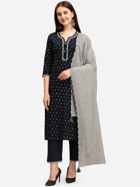 

Seerat Women Navy Blue Ethnic Motifs Printed Pure Cotton Kurta with Trousers & Dupatta