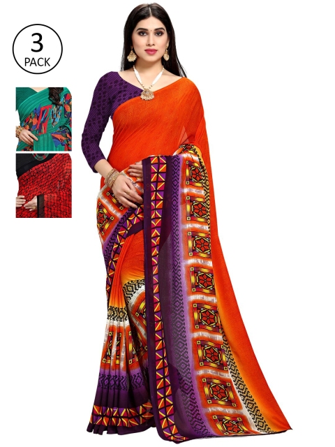 

KALINI Women Pack of 3 Multicolor Poly Georgette Printed Saree, Orange