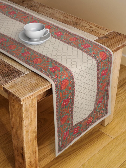

Fabindia Cream-coloured & Green Floral Printed Pure Cotton Table Runners