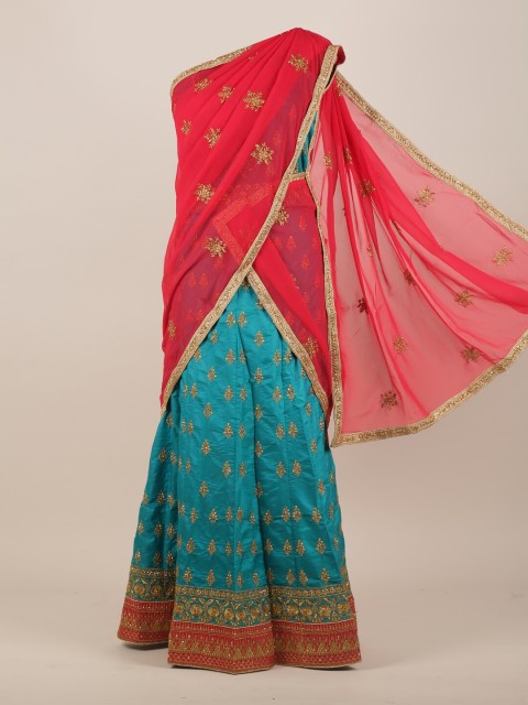 

Pothys Orange & Teal Ethnic Motifs Zari Lehenga Saree