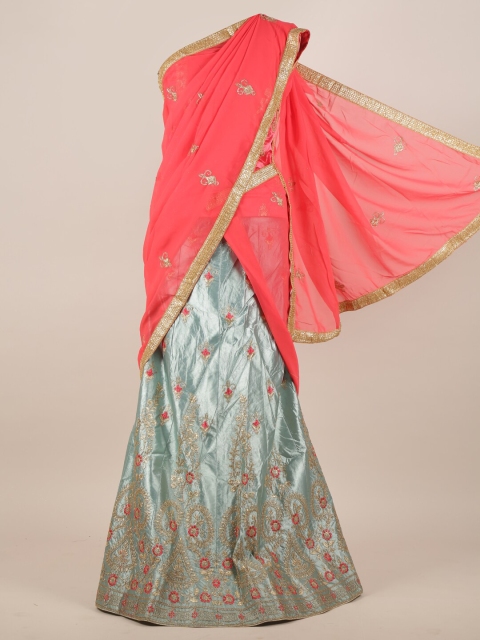 

Pothys Orange & Grey Ethnic Motifs Zari Lehenga Saree