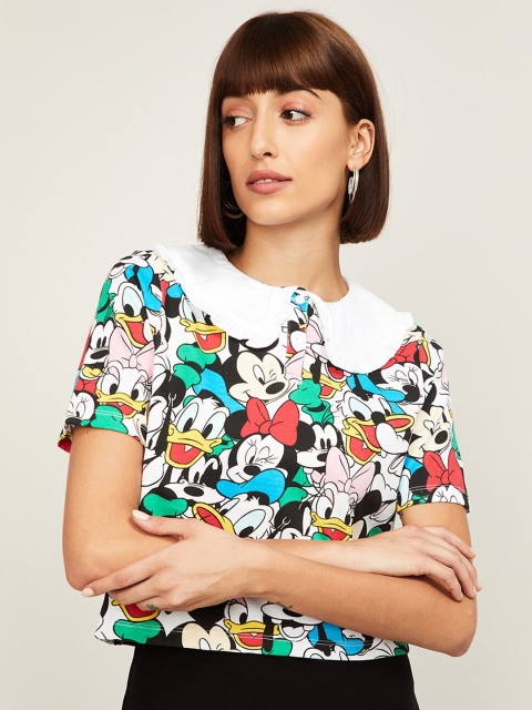 

Ginger by Lifestyle Women White& Black Mickey& Friends Printed Regular Top
