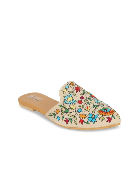 

The Desi Dulhan Women Cream-Coloured Embellished Mules with Embroidered Flats