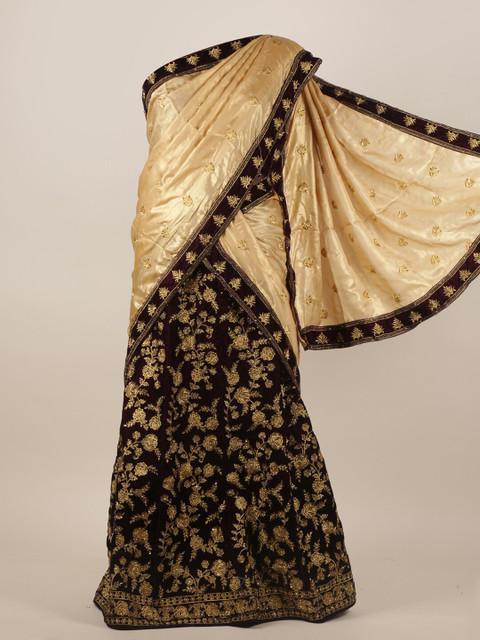 

Pothys Gold & Maroon Embellished Beads and Stones Satin Half Lehenga Saree