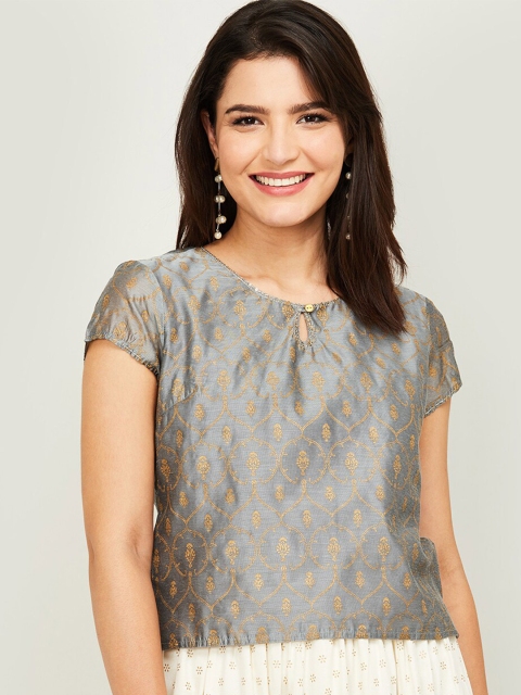 

Melange by Lifestyle Grey Ethnic Printed Keyhole Neck Regular Top