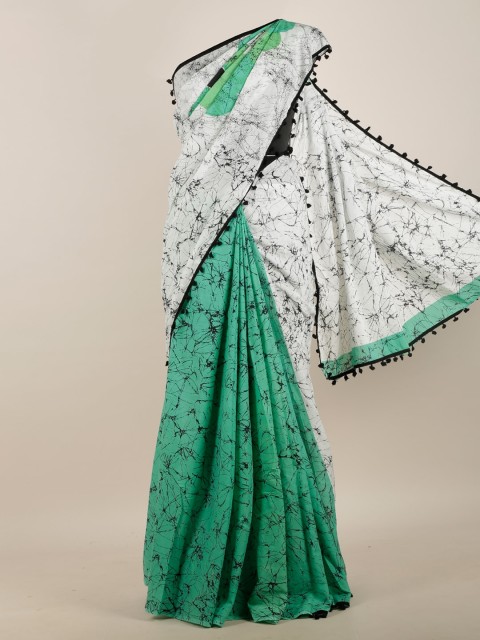 

Pothys White & Green Batik Saree