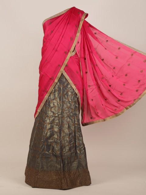 

Pothys Pink & Grey Ethnic Motifs Zari Lehenga Saree