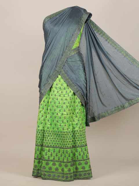 

Pothys Women Grey & Green Embroidered Ethnic Motifs Jute Silk Half and Half Saree