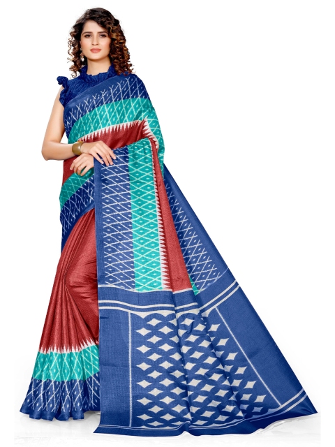 

KALINI Red & Blue Geometric Printed Art Silk Saree