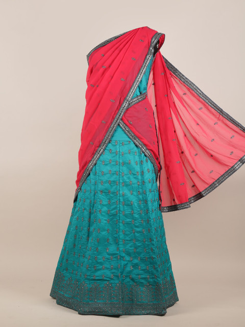 

Pothys Teal Blue & Red Embellished Ethnic Motifs Half and Half Saree