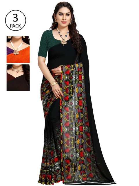 

KALINI Women Pack of 3 Multicolor Poly Georgette Printed Saree, Black
