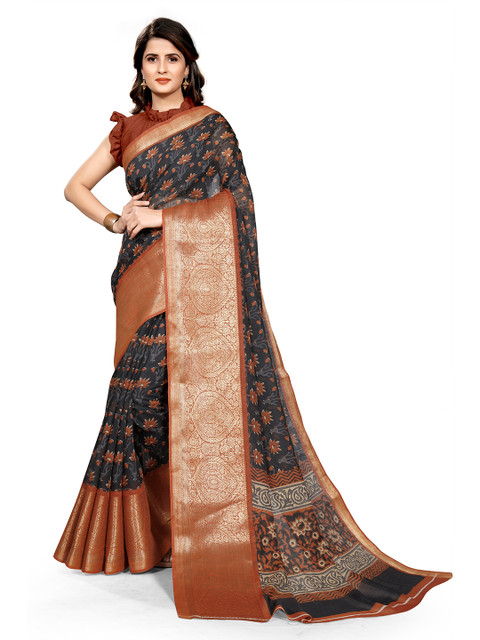 

KALINI Black & Orange Floral Printed Zari Bagh Saree