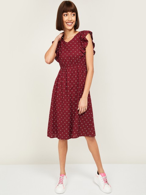 

Fame Forever by Lifestyle Women Burgundy & White Micro Printed Fit and Flare Dress