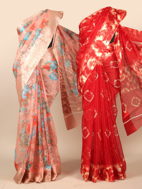 

Pothys Set of 2 Red & Pink Batik Jute Silk Sarees