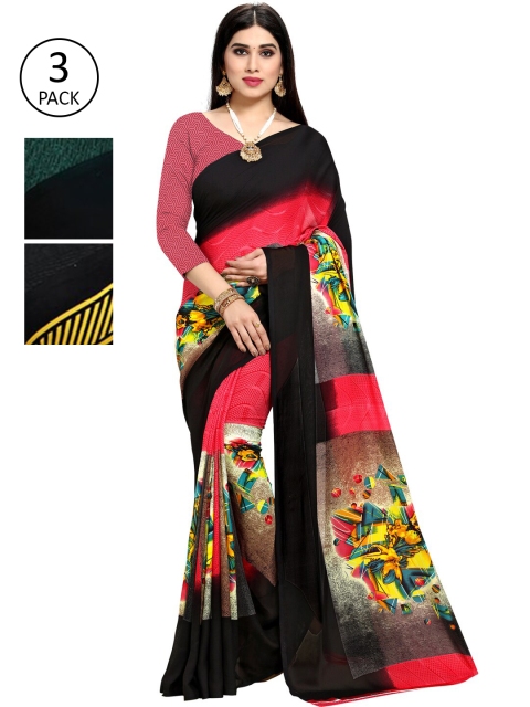 

KALINI Set of 3 Black & Pink Floral Printed Sarees