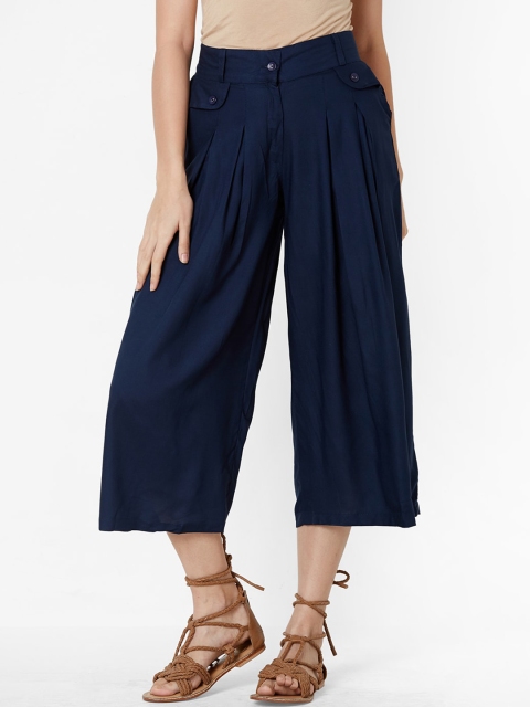 

ZOLA Women Navy Blue Solid Pleated Culottes Trousers