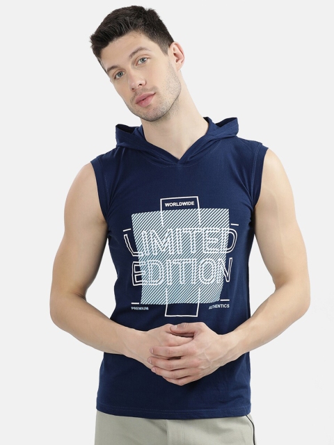 V2 Value & Variety Men Blue Printed Hooded Slim Fit T-shirt